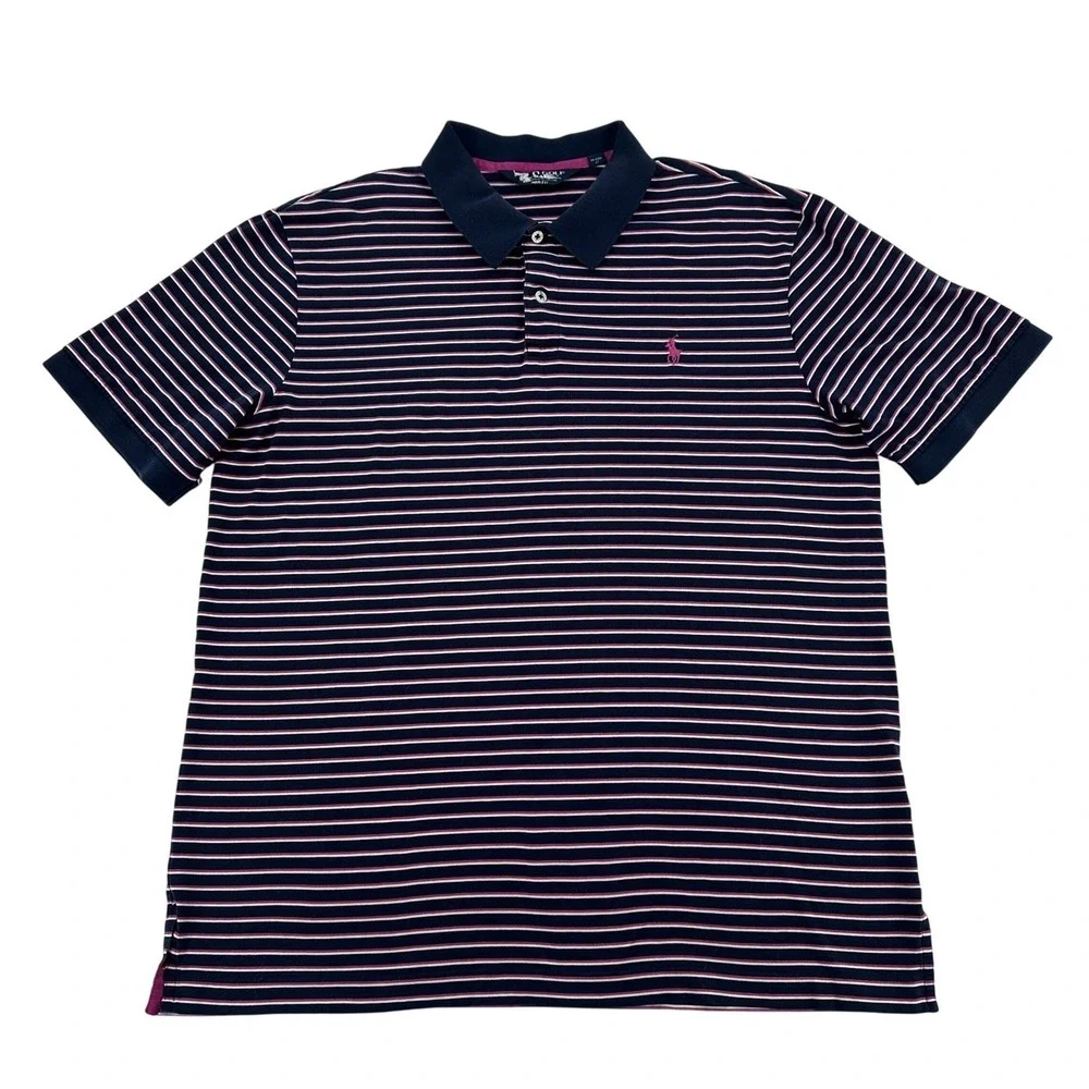Ralph Lauren Men L Golf Polo Shirt Navy Pink White Stripe Pro Fit Short Sleeve